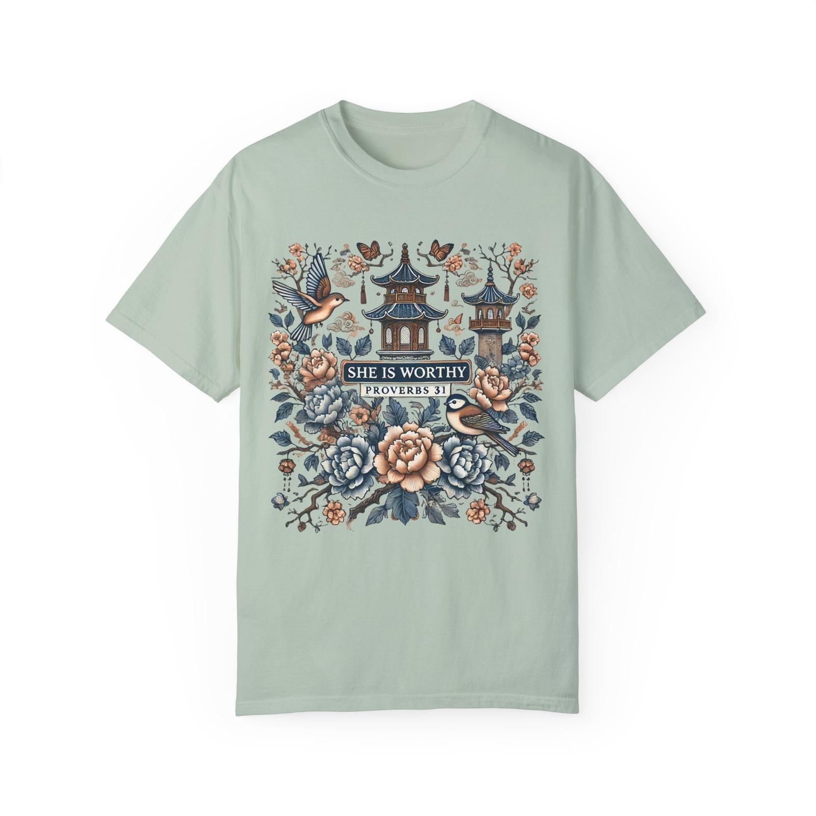 She Is Worthy shirt Gift for Women, comfort colors tee, chanoiserie design XXL