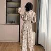Korean Ruffle Print Chiffon Dress with Puff Sleeves