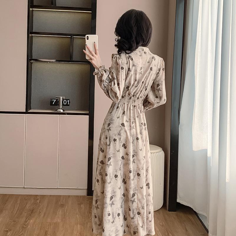 Korean Ruffle Print Chiffon Dress with Puff Sleeves