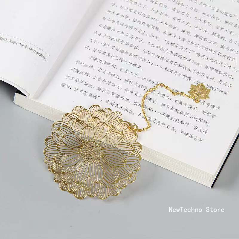 Chinese Style Hollow Out Animals Gold Color Metal Bookmark With Pendant Vintage Lotus Leaf Bookmark Creative Stationery Gift