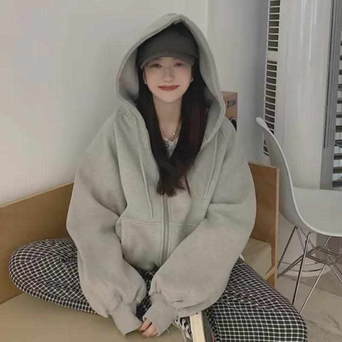 

Женский серый кардиган на молнии с капюшоном: Повседневная весна/осень, плюс бархат теплая зима 2024 XL