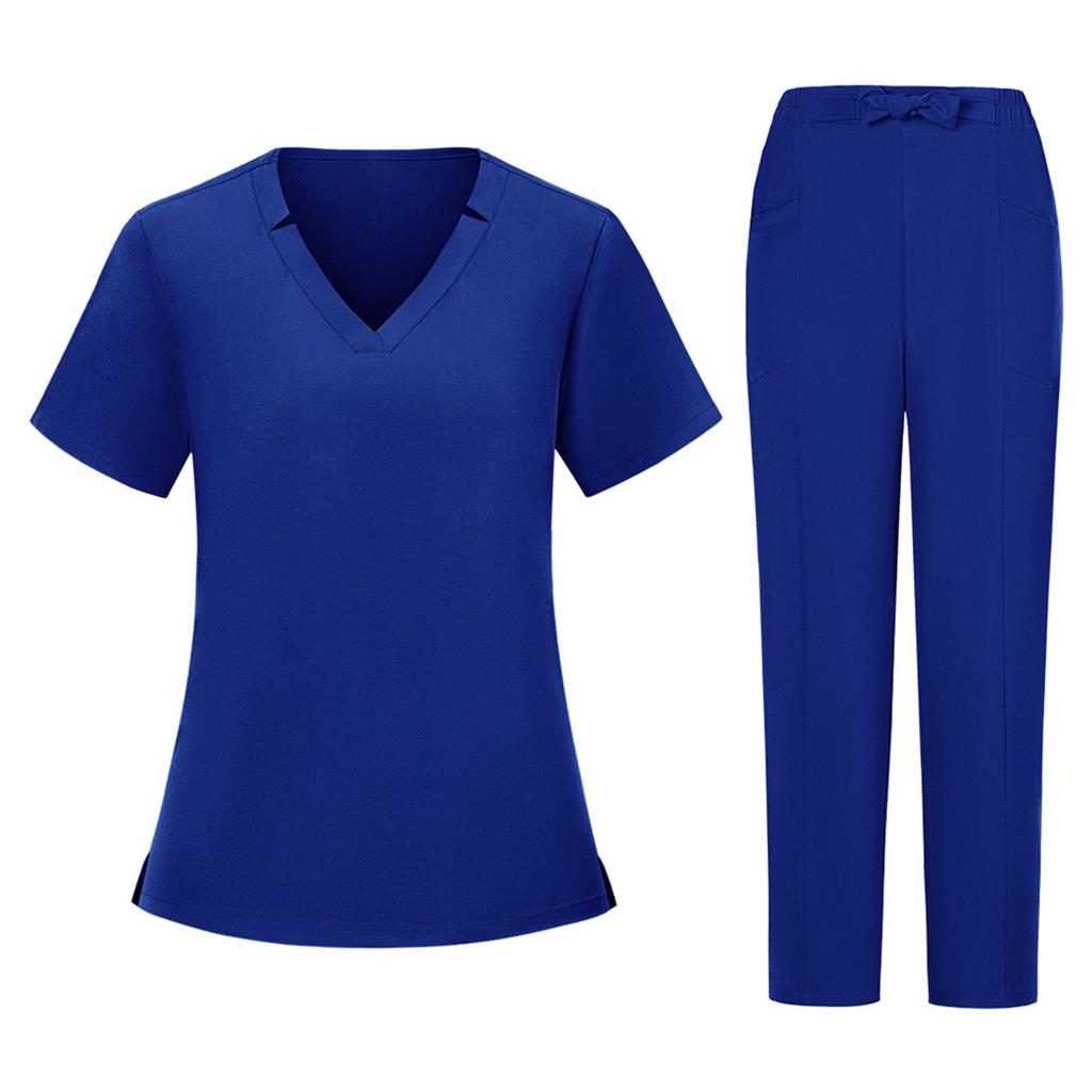Women's Short Sleeved Color V Neck Pocket Top Pants Work Clothes Two Piece Set