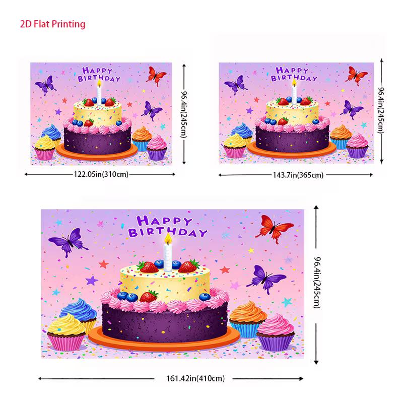 2D Happy Birthday Themed Backdrop, Cake, Cupcakes and Butterflies for Sweet Birthday Celebrations