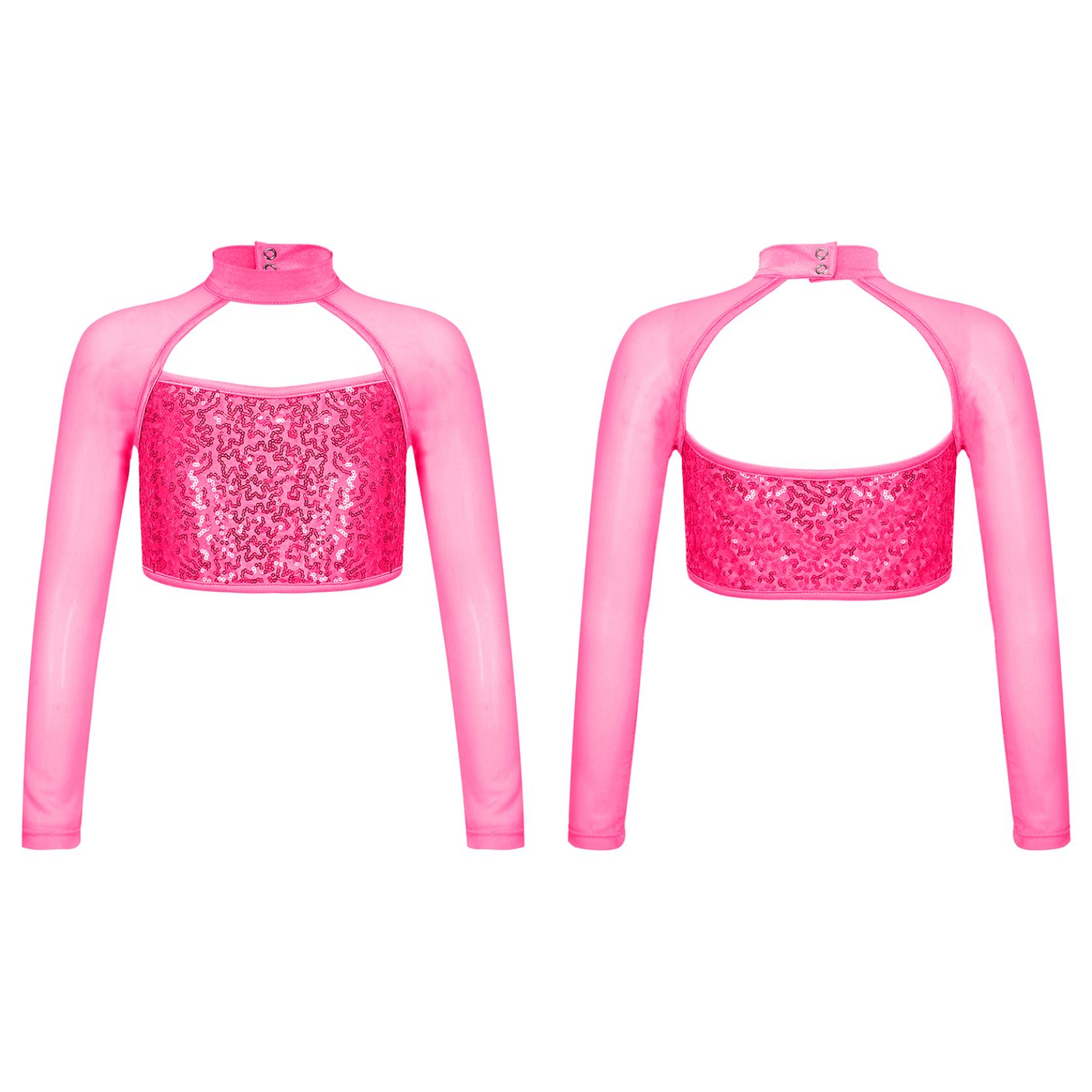 

Дитяча водолазка з паєтками з довгим рукавом і коротким танцювальним топом для хіп-хопу, балетного танцювального одягу 11-12 Years гарячі рожевого кольору