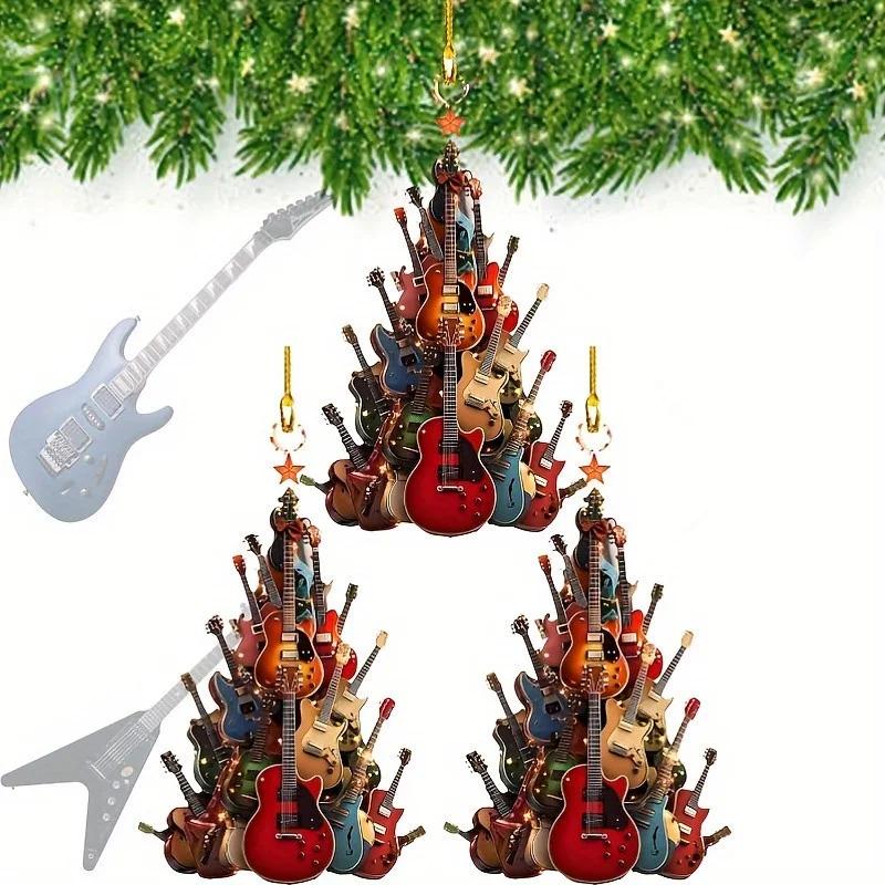 

3pcs 2026 Christmas New Year Guitar Hanging Ornaments 2D Flat Acrylic Xmas Tree Pendant Festival DIY Decor Gift Supplies