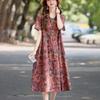 Women's Vintage Floral Print Linen Midi Short Sleeve V-neck Tiered Loose Casual Summer Dress