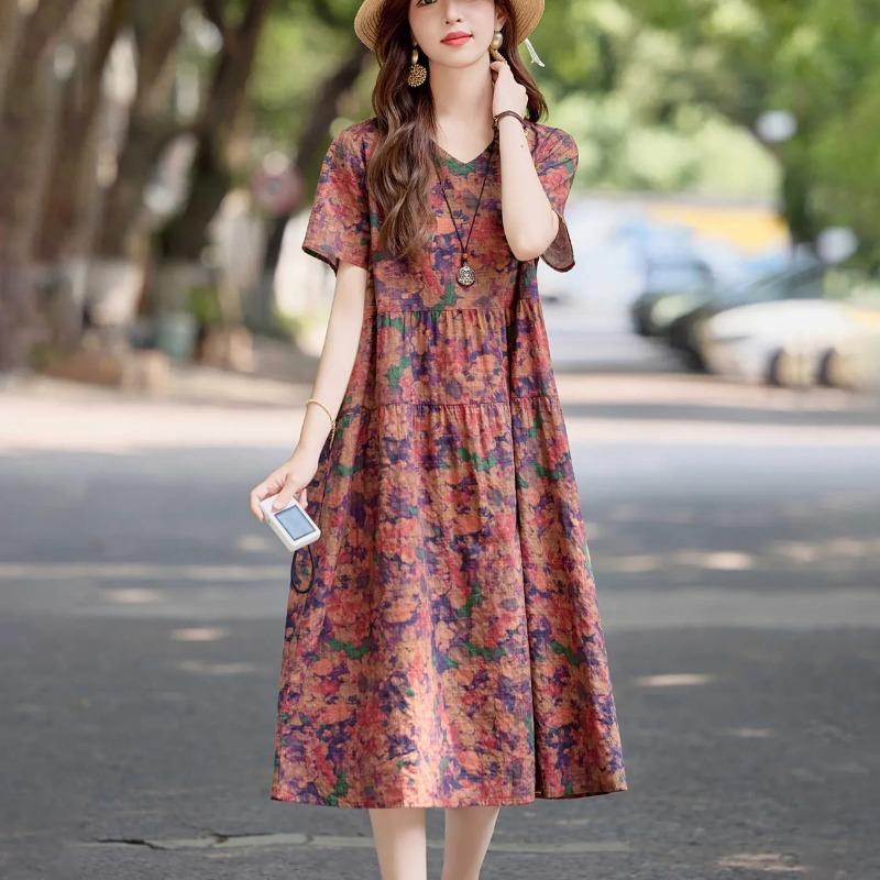 Women's Vintage Floral Print Linen Midi Short Sleeve V-neck Tiered Loose Casual Summer Dress