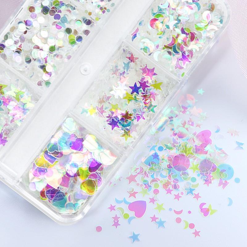 Mini 6 Grid Transparent Rainbow Light Nail Enhancement Sequins Decoration Love Star Moon Nail Accessories Nail DIY Material