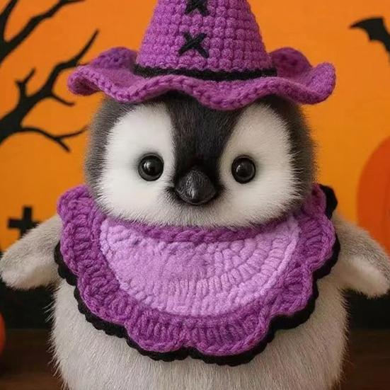 Halloween Penguin Doll 10" Penguin Plush Doll Toy with Knitted Witch Hat Small Stuffed Animal Desktop Decoration Gifts for Kids Boys Girls