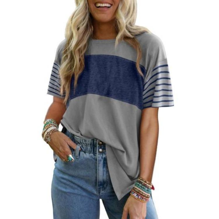 

Color Block Tee Shirt Loose Fit Women Tops Round Neck Short Sleeve Pullover Daily Wear Versatile T-shirt S серый