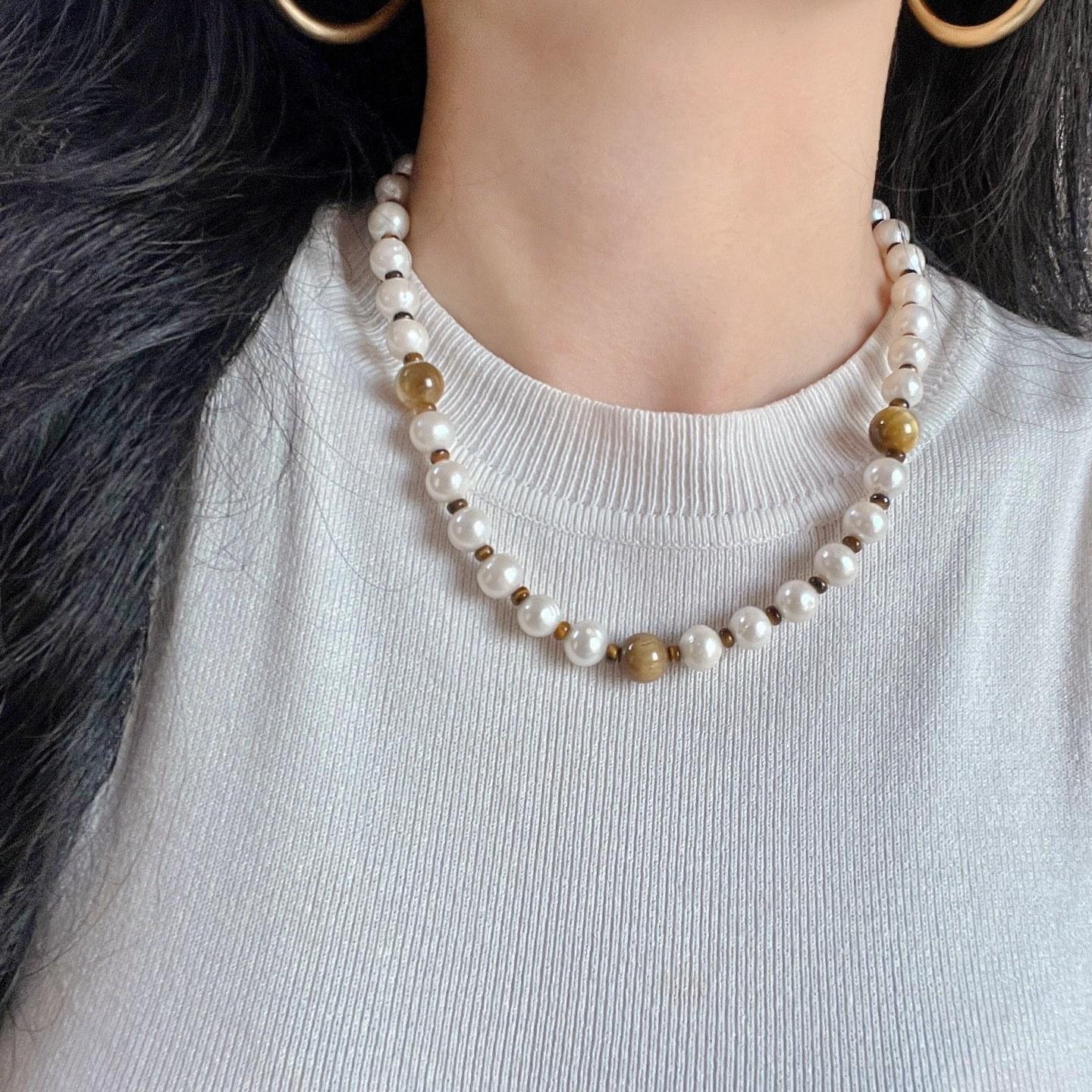9-10Mm Natural Tiger S Eye Stone Freshwater Pearl Contrasting Color Design Necklace Collarbone Chain