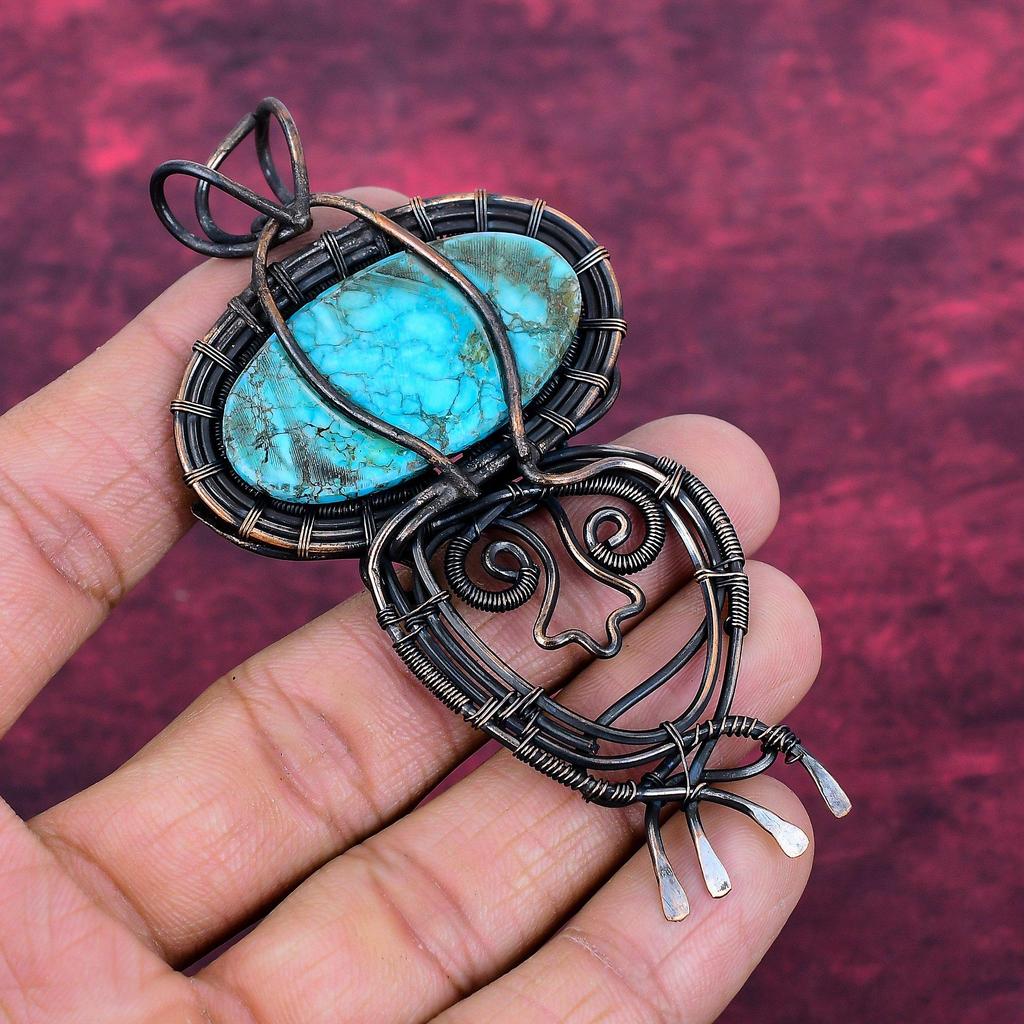 Tibetan Turquoise Gemstone Pendant Handmade Jewelry Copper Wire Wrapped Pendant