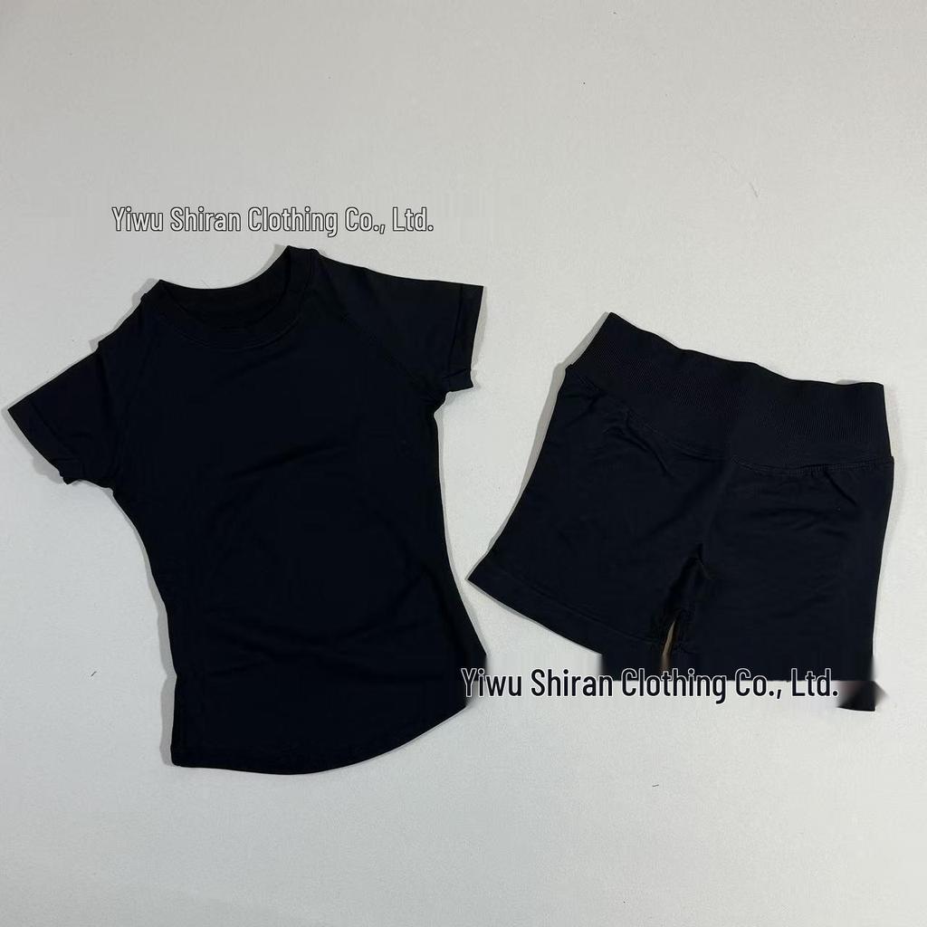 Damen nahtloses kurzärmeliges Sportset mit hoher Elastizität und atmungsaktivem schweißableitendem T-Shirt