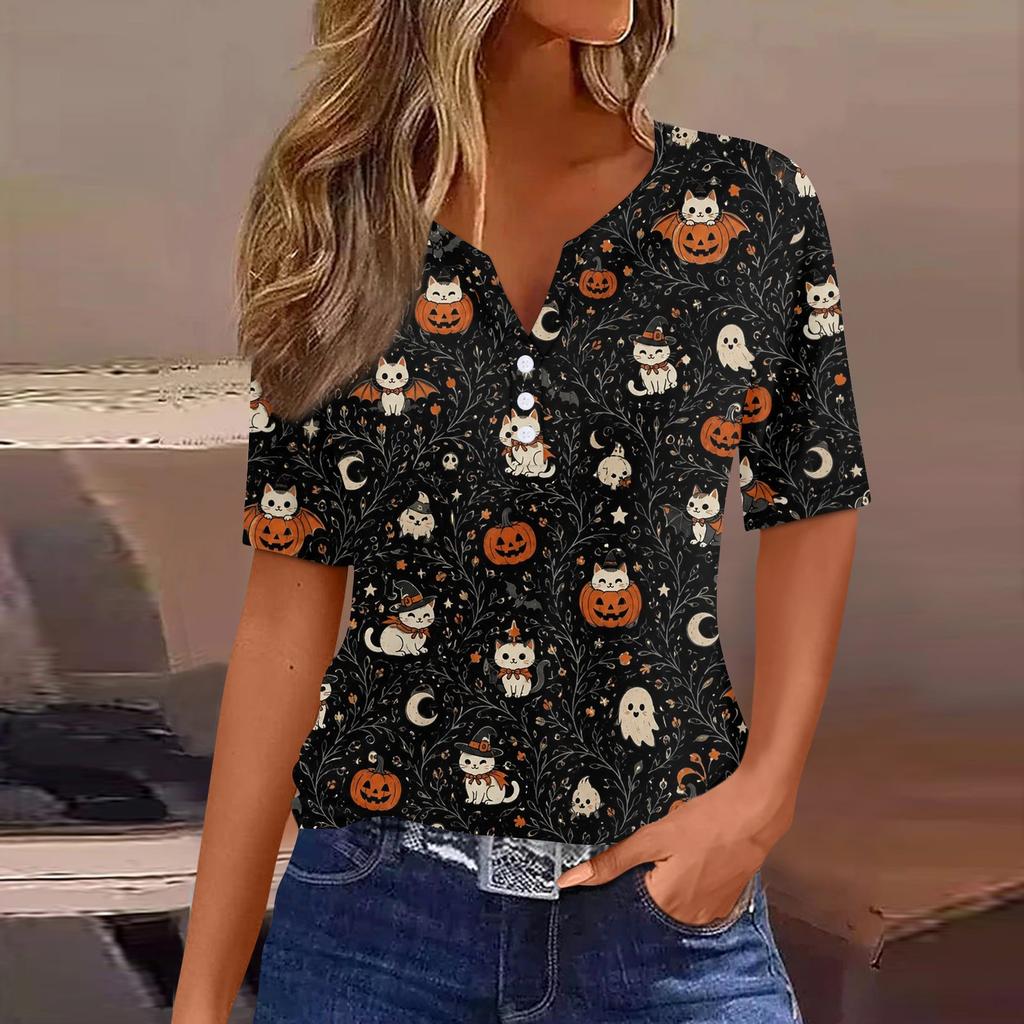 Women's Casual Halloween Print V Neck Short Sleeve Button Down T Shirt Top Lightweight Comfortable Fit