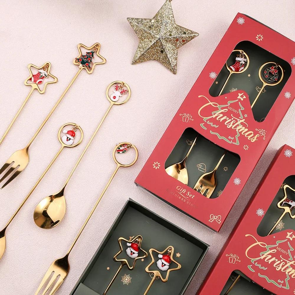 20Sets Christmas Spoon Set Cute Christmas Gift Cutlery Two Sets Father Christmas Doll Dessert Spoon Cutlery Set Christmas