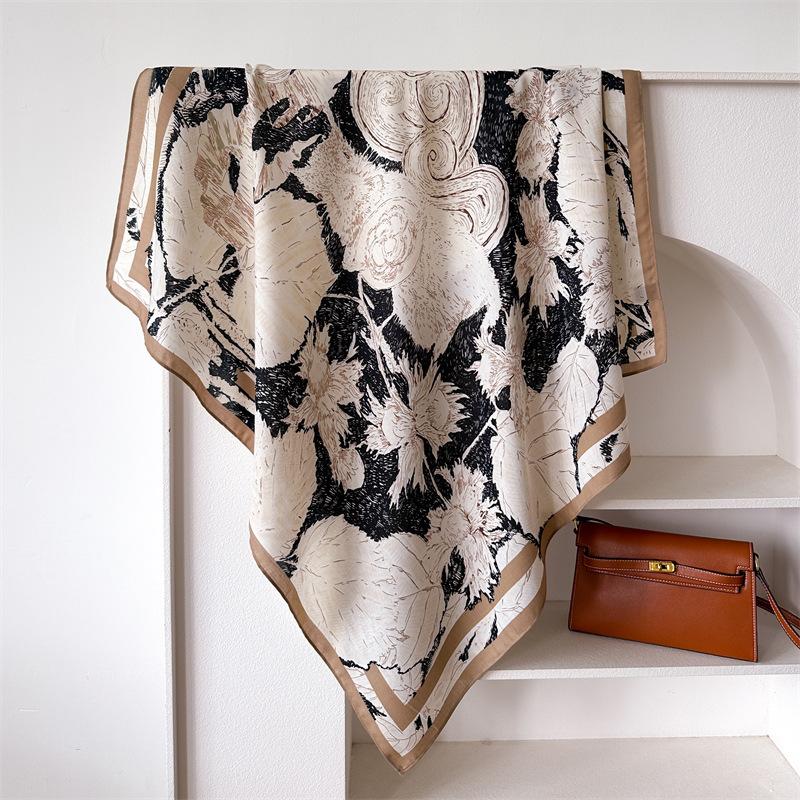 

Foreign Trade Cross-Border Plant Little Squirrel 90 Simulation Silk Large Square Scarf Retro Printed Shawl Herringbone Scarf Headscarf Female 90x90cm