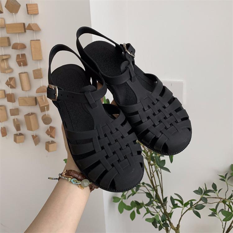 Сандалии, Мягкие туфли с неглубоким носком, Плоские каблуки, Носки с защитой, Удобный темперамент, Женские одинарные туфли, Противоскользящие пластиковые туфли 40 чёрный