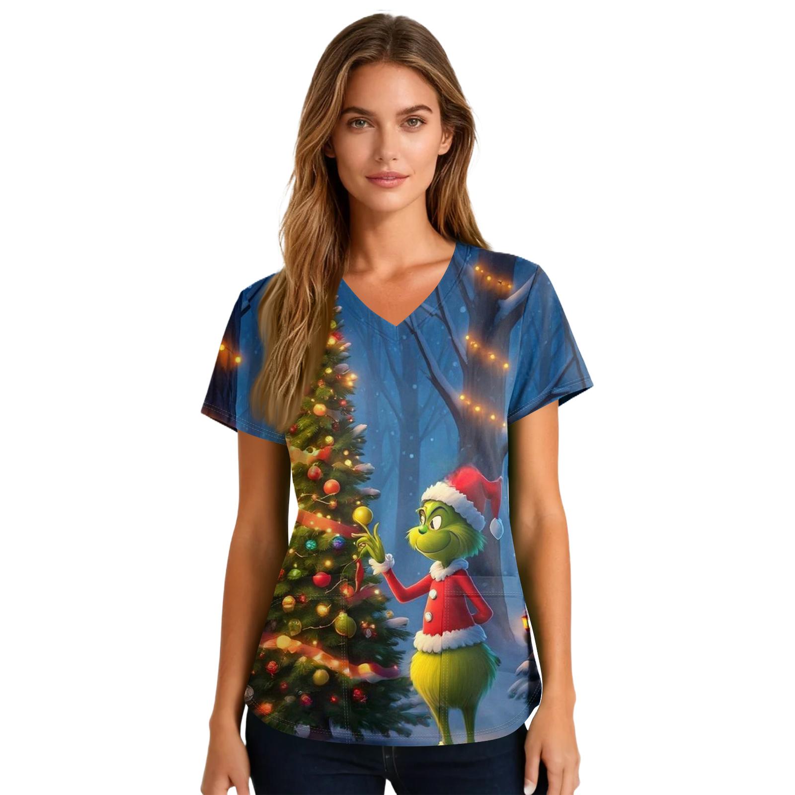 

Women s Cute Printed Work Clothes V-neck Double Layer Pockets Basic Short Sleeve Top Pullover Valentines XXXXXL