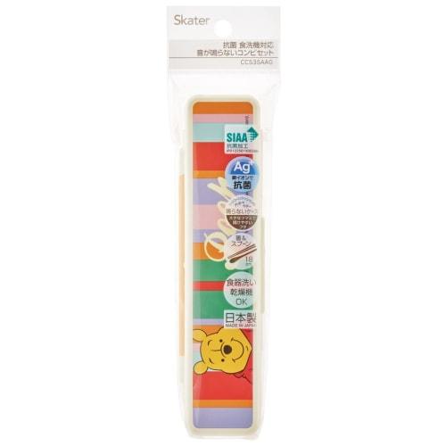 Skater Chopsticks and Spoon Combo Set, 18cm, Antibacterial, Bento Box, Adult Size, Silent Silicone Cushion, Made In Japan, Disney Retro Winnie the Poo