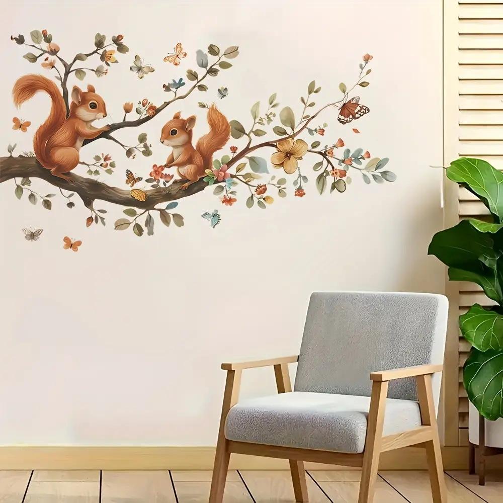 Watercolor Squirrel On Branch With Bird And Flower Wall Sticker Self Adhesive Waterproof Kids Room Decor