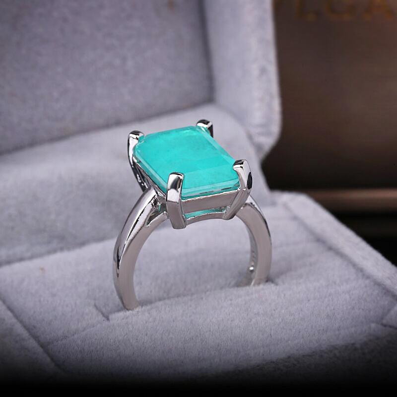 

New high-end custom princess 10 carat Square emerald Paraiba ring 10*14 synthetic Paraiba simple women s ring party gift 10