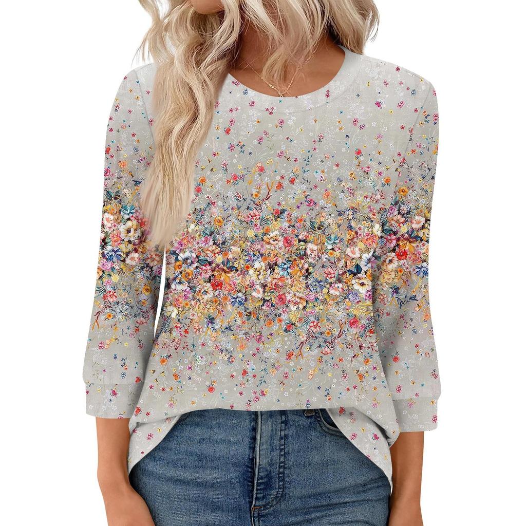 Women's Fashion Casual Round Neck 3/4 Sleeve Loose  Printed T-Shirt Ladies Top