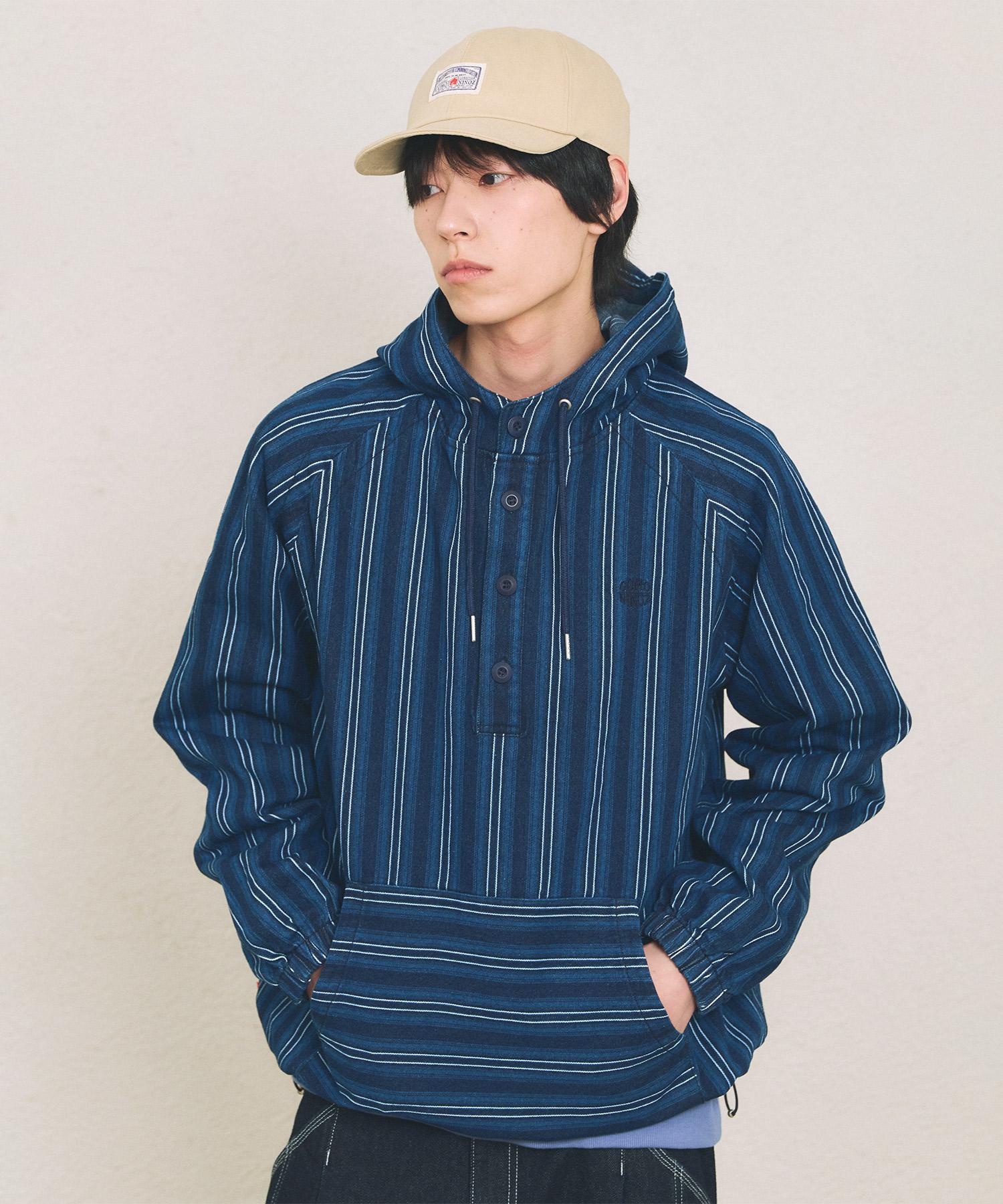 Comoni Nose Stripe Hood Shirt [Indigo Blue] Indigo Blue/S