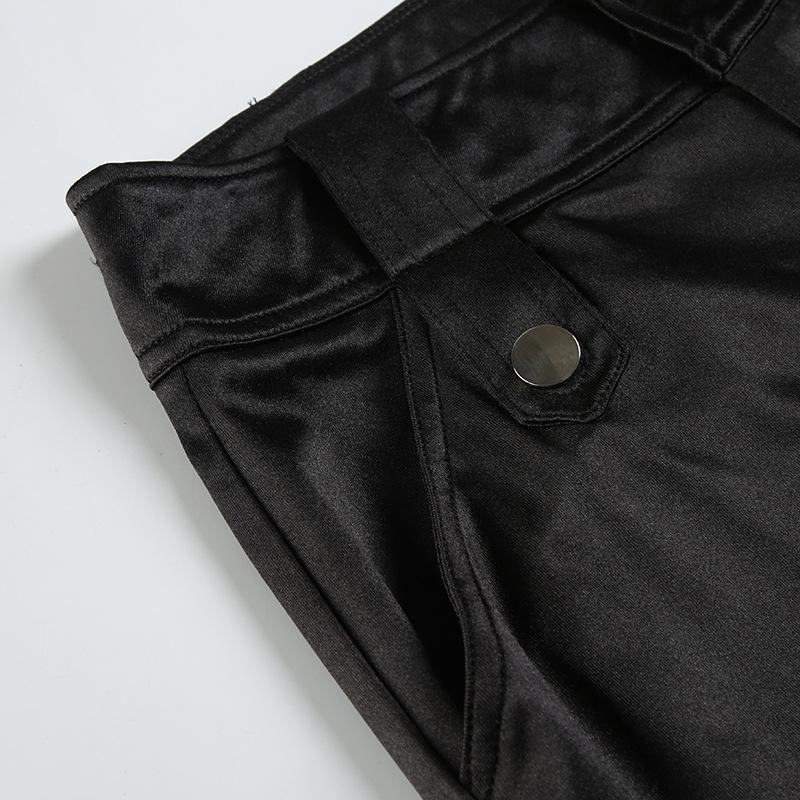 Pantalones acampanados de satén de tiro bajo casuales hipster de diseñador para mujer con múltiples bolsillos