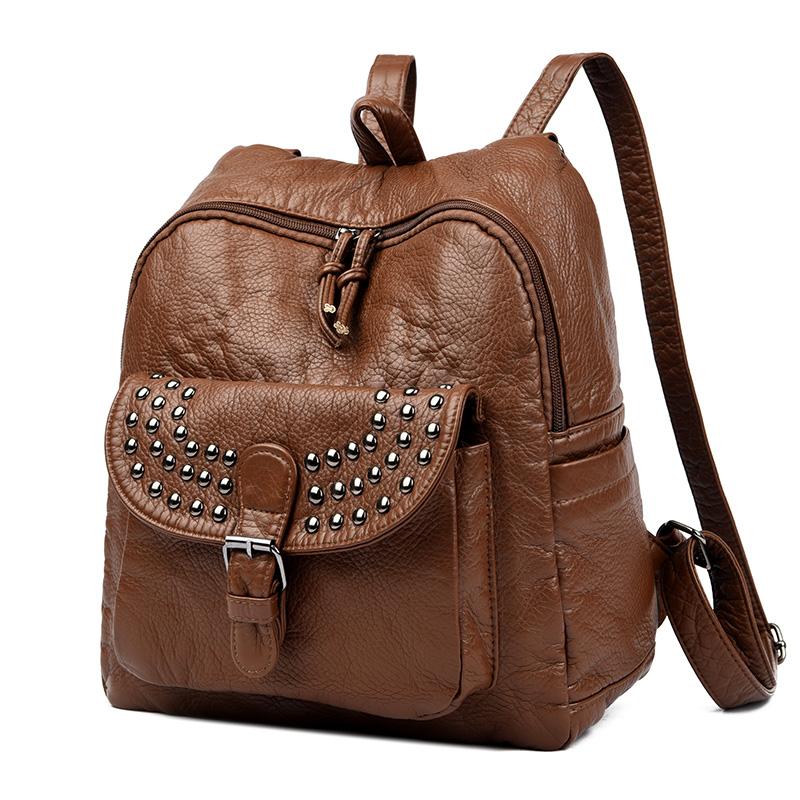 2025 Soft Leather Women Backpacks Rivet Multifunctional Shoulder Bags Female Retro Travel Teenage Girl Fashion Schoolbag