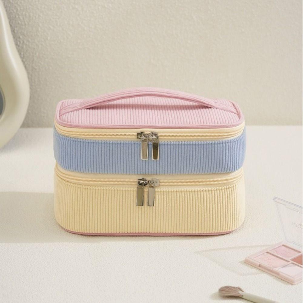 Soft Double-layer Storage Bag Zipper Closure Cosmetics Storage Bag Handheld Toilet Bag Women