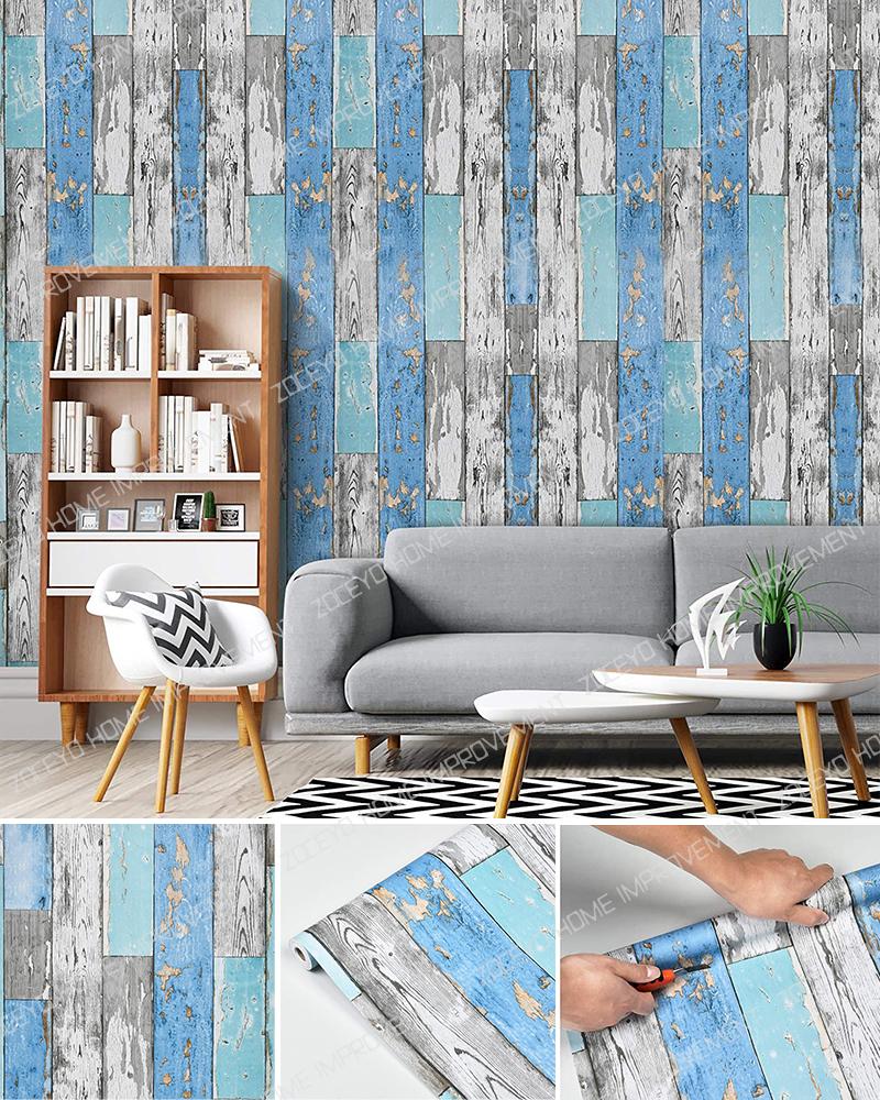 Blue Wood Vinyl Self Adhesive WallPaper For Living Room Bedroom Furniture Home Walls Decor 17.7"x19.ft DIY contact paper sticker