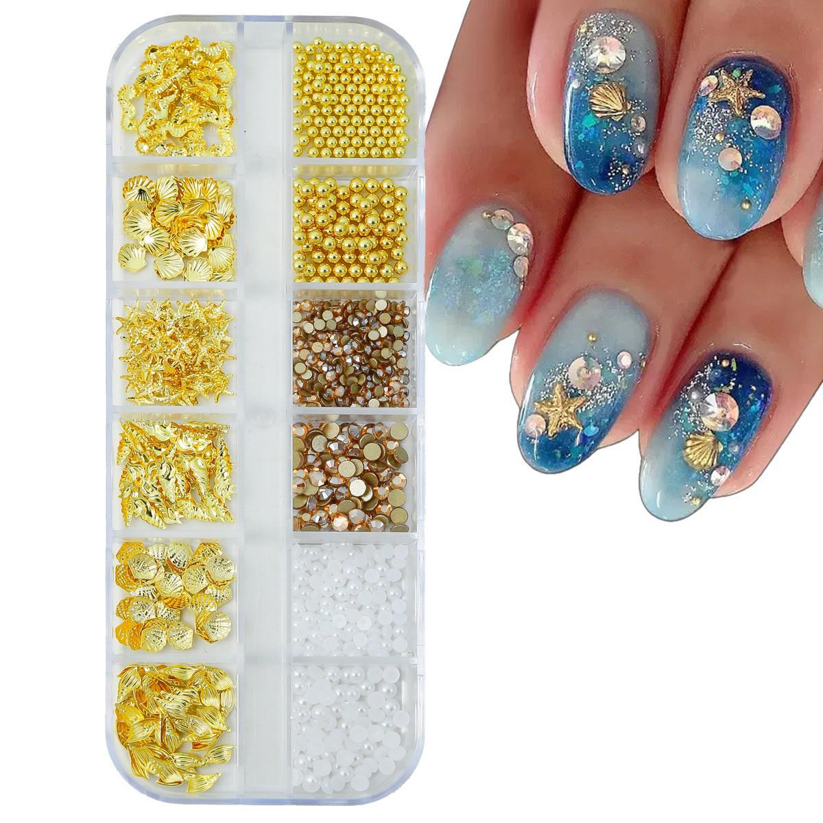 12-Grid Boxed Nail Art Ornaments: Seashell, Starfish, Bow, and Metal Rivets