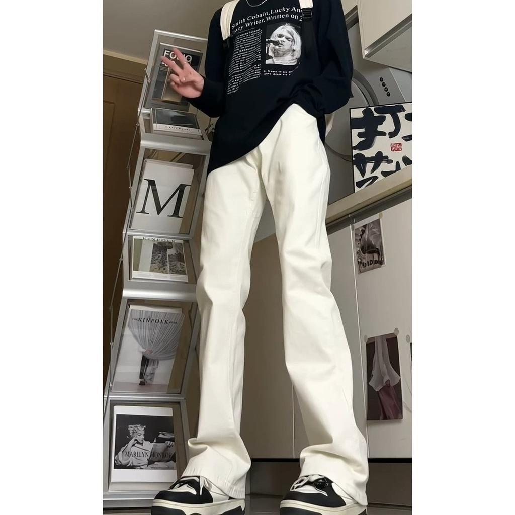 Pure White Pants, Slightly Flared Jeans, Men's Narrow Version, Slim Trousers, High-rise Straight Pants, High-quality Pants