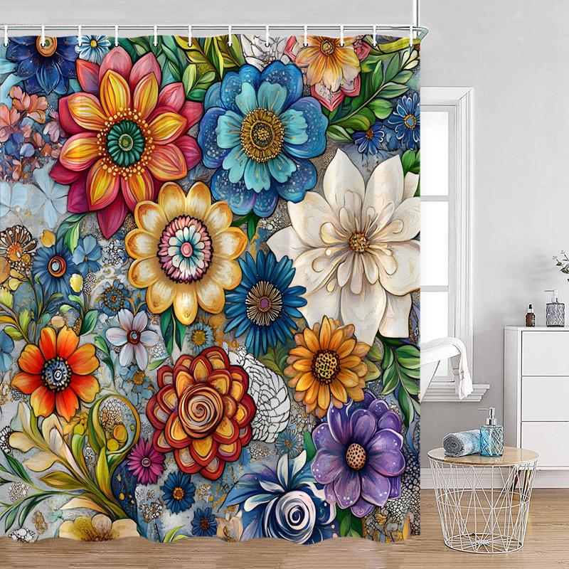 Luxury Gold White Floral Shower Curtain Rose Butterfly Cherry Blossom Modern Art Flower Polyester Fabric Bathroom Curtains Dec