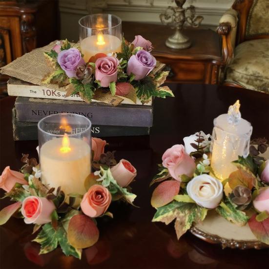 Artificial Rose Candle Ring Fake Rose Wreath with Maple Leaves Pillar Candle Wreath Table Centerpieces for Home Candlelight Dinner Wedding Party Decor