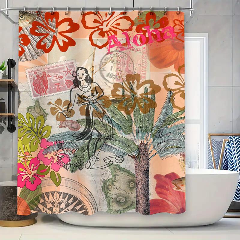 

Luxury Shower Curtain With Hula Girl Design Pink Floral Print For Bathroom Decor Modern Waterproof Fabric Bath Mats Perfect Gift W60H190(CM)-1 Pcs