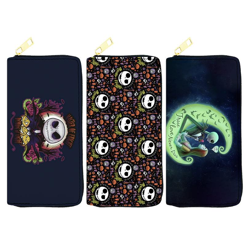 Nightmare Before Christmas PU Long Zip Wallet for Women Single Zipper Clutch Cosmetic Bag Jack Skellington Print Black 3pcs