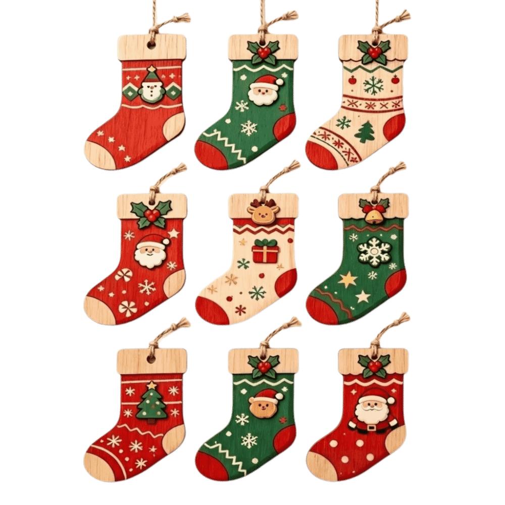 9 pcs 2D Flat Christmas Tree Ornament Sock Shape Hanging Decoration Cartoon Xmas Pendant Winter