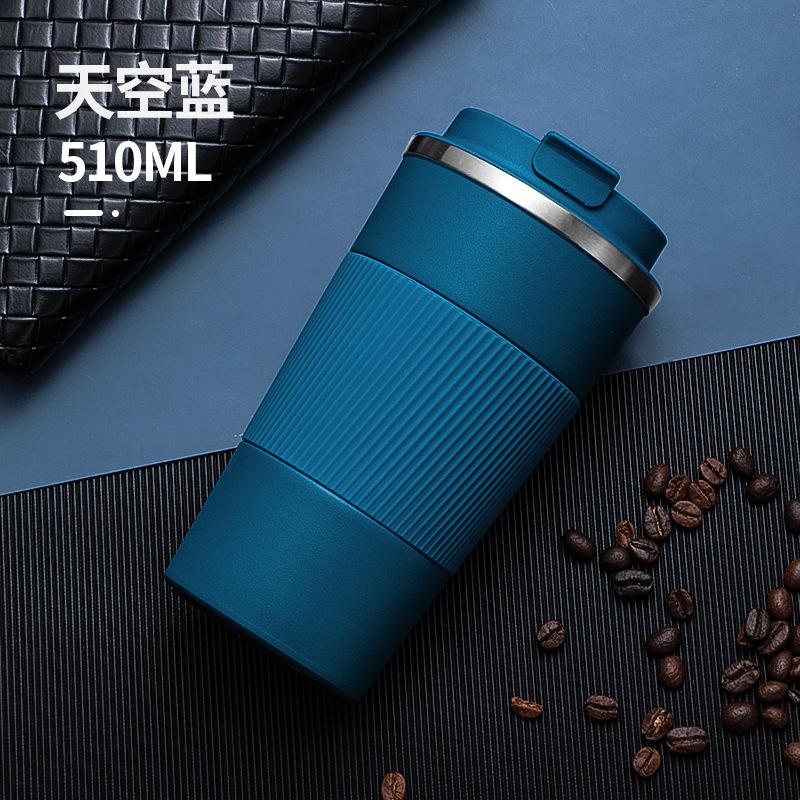 304 stainless steel thermal mug, fashionable car coffee cup with silicone sleeve, flip-top coffee cup