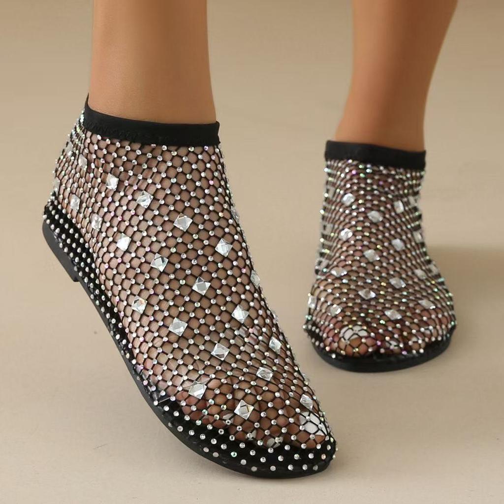 Summer Women's Luxury Sequin Bottom Hollow Short Boots Water Diamond Sexy Flat Bottom Fashion Banquet Flats Sandals