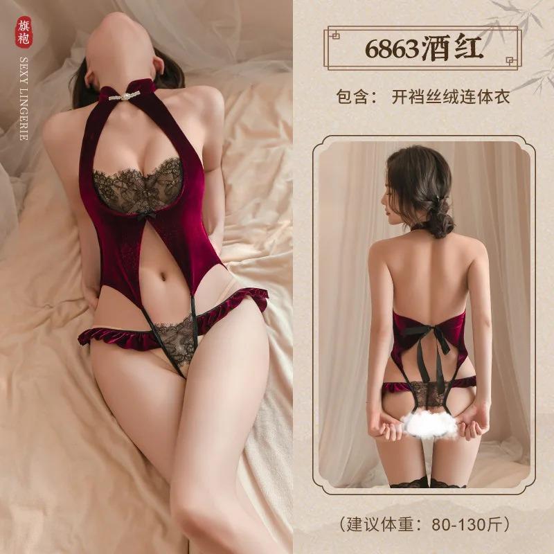 Velvet Patchwork Lace Mature Charm Elegant Gentle Transparent Romantic Fashion New Red Lingerie Sexy Uniform Bodysuits 0HAE