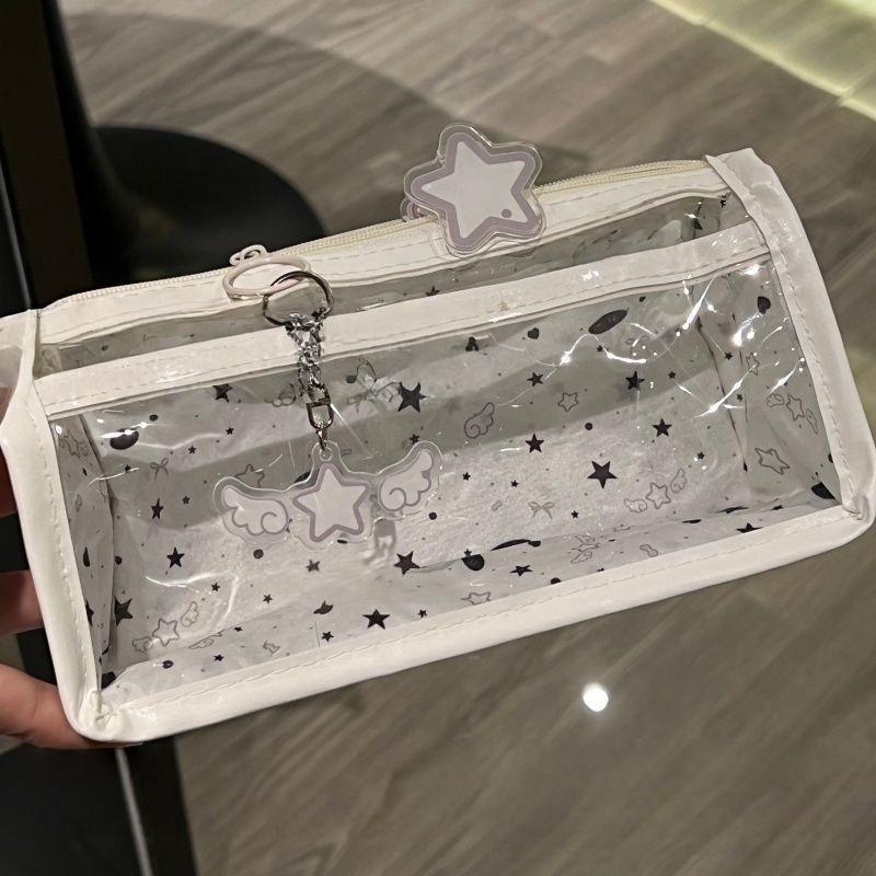 Cute Cat Star Transparent Pencil Case Large Capacity Student Stationery Zipper Pen Bag School Supplies Makeup Storage Bag