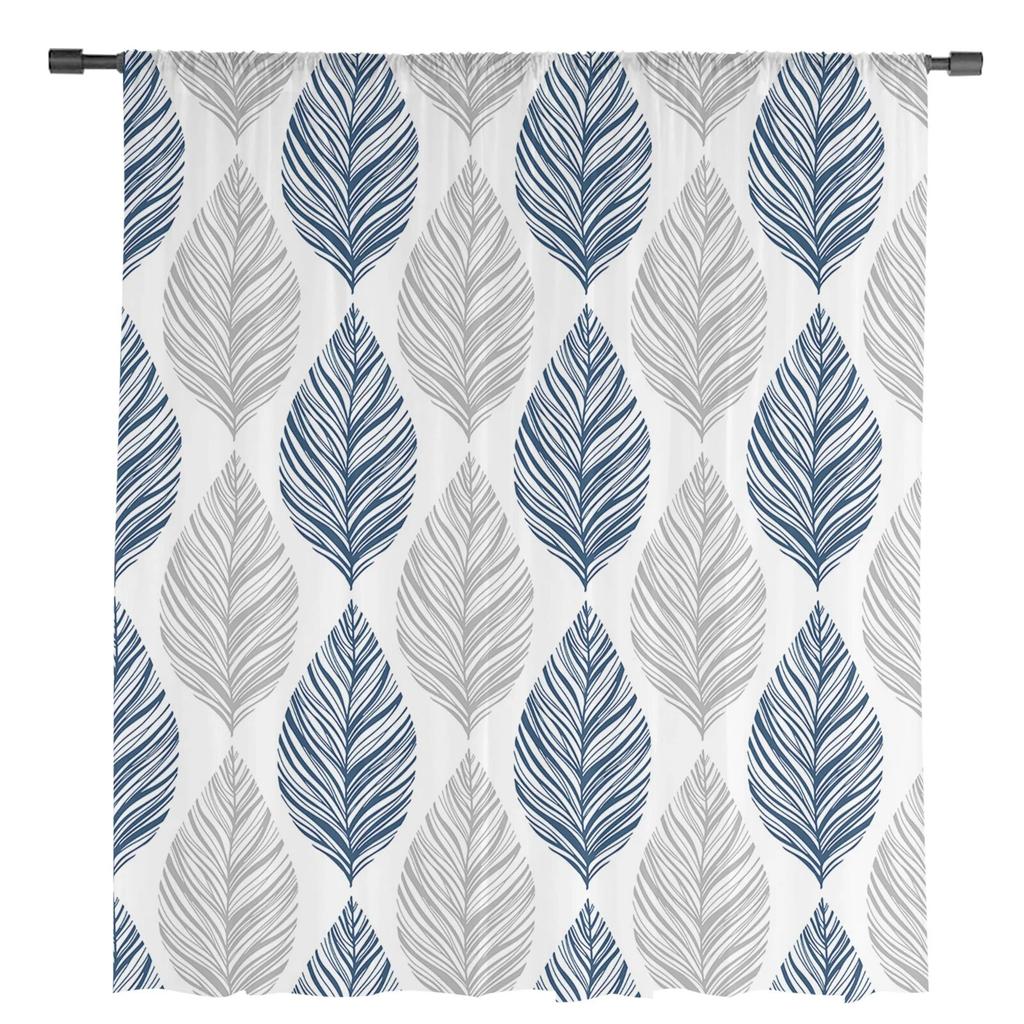 Marineblau-graue Blattstruktur-Tüllvorhänge für Wohnzimmer, Chiffon-Voile, transparenter Fenstervorhang für Schlafzimmer