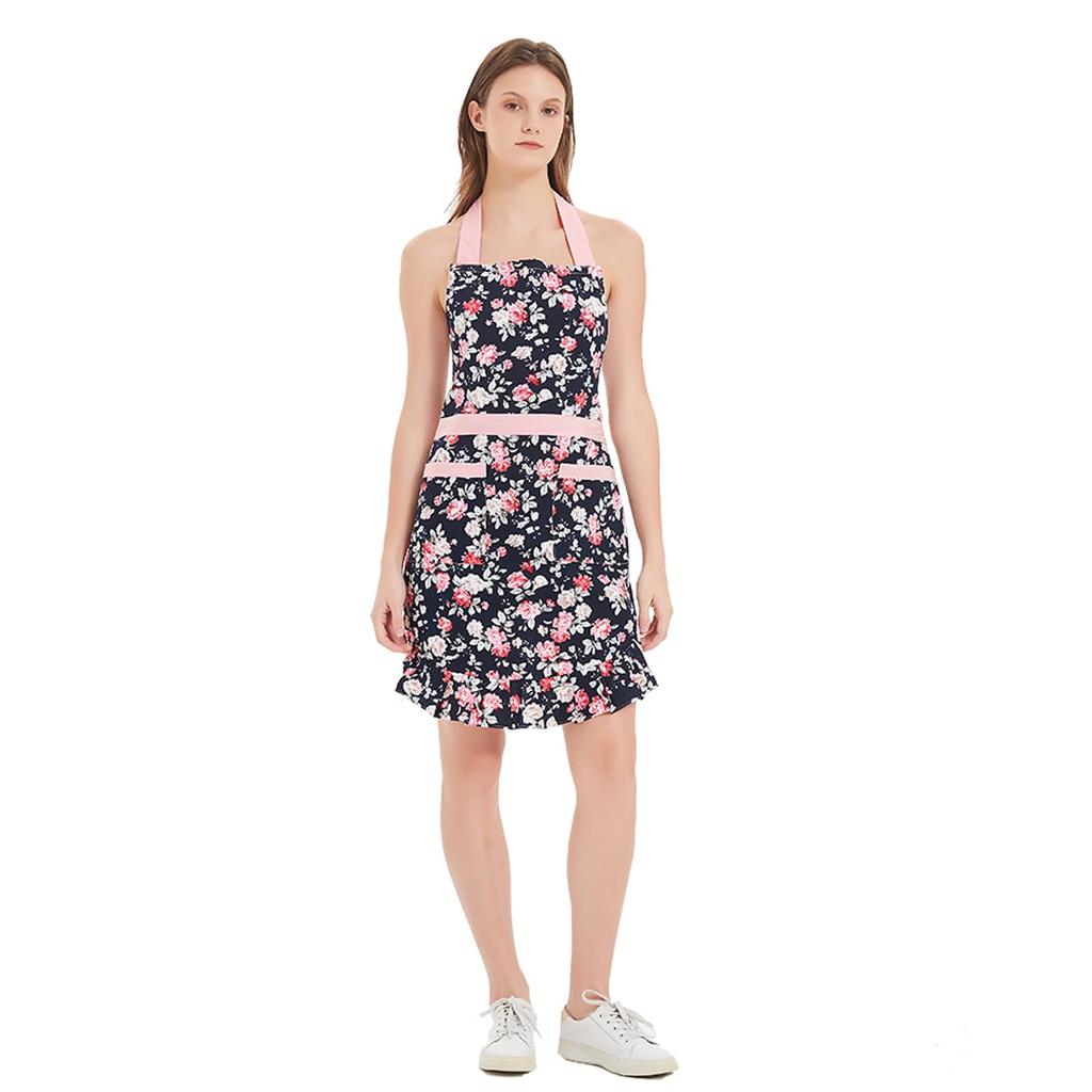 Cute Cotton Apron with Adjustable Neck Perfect for Kitchen Cooking and Home Bakery Women's Strap, (4 Flowers)