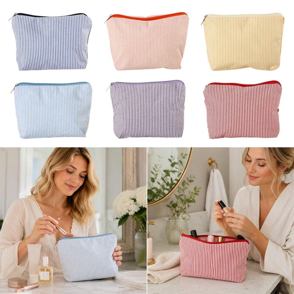Striped Print Makeup Bag Zipper Design Portable Cosmetic Pouch Large Capacity Makeup Organizer Skincare & Beauty Essentials