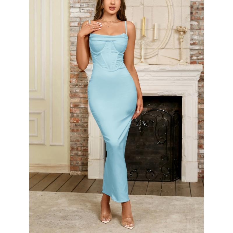 Women's Dress Sexy Pile Up Collar Satin Fishbone Pleated Suspender Long Skirt