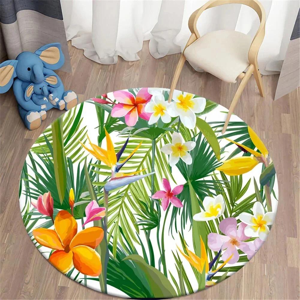 Hawaiian Tropical Leaves Round Carpet Living Room Chair Floor Mat Non-Slip Area Rug for Balcony Table Bedside Sofa Home Decor
