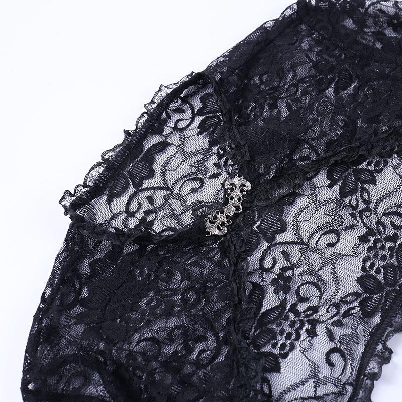 Women's Black Lace Bell Sleeve Halloween Top - Elegant Stand-up Collar