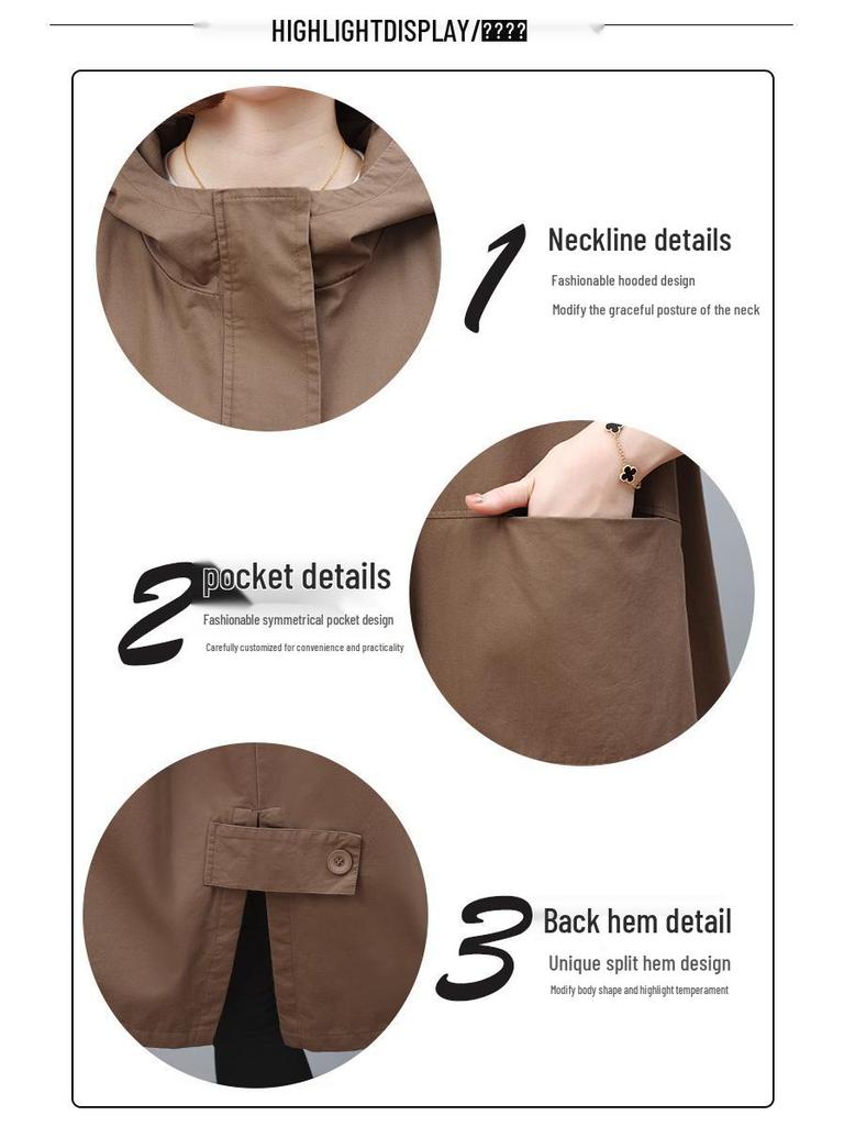 Damski płaszcz trenczowy z kapturem o średniej długości na wiosnę i jesień - Elegancki styl casual dla kobiet w średnim i starszym wieku