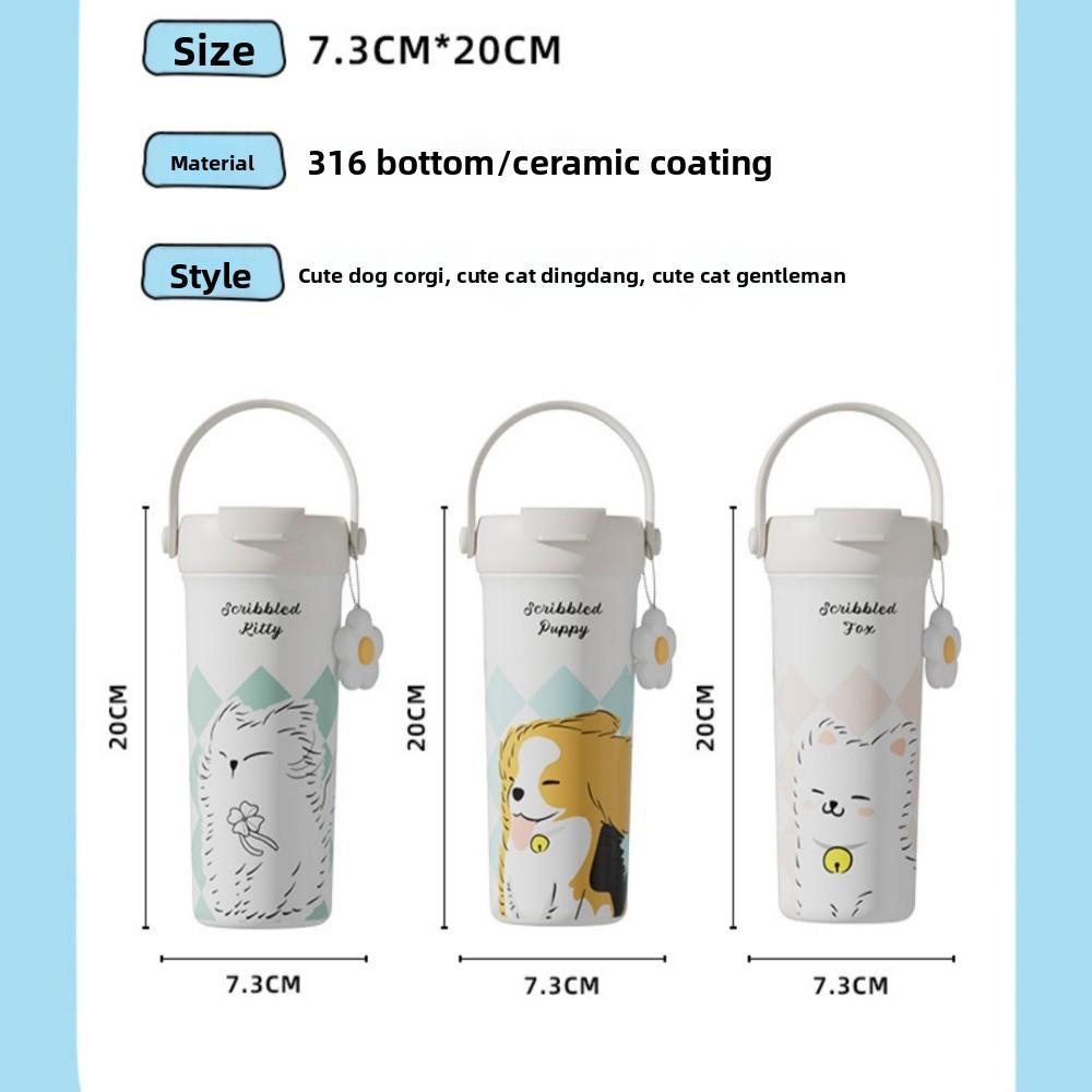550ml Vacuum Tumbler Cartoon Cat Puppy Ceramic Inner Liner Insulated Cup Large Capacity Leak-proof Thermal Water Bottle Student